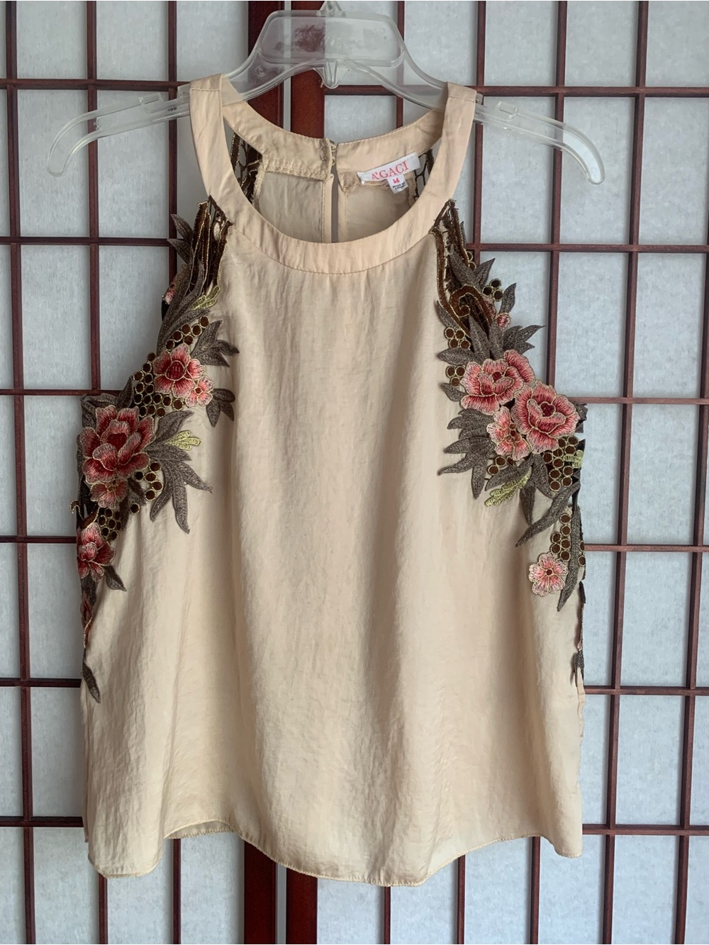 EUC A’GACI Y2K Vintage Floral Embroidered Tank Top GoldenBeige w/Pink Roses SZ M